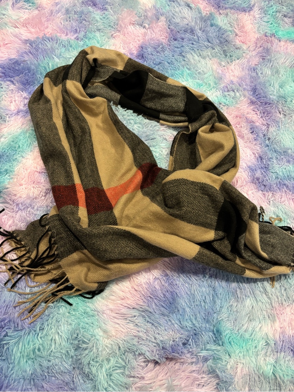Classic Plaid Fringe Scarf in Camel, Black & Red
